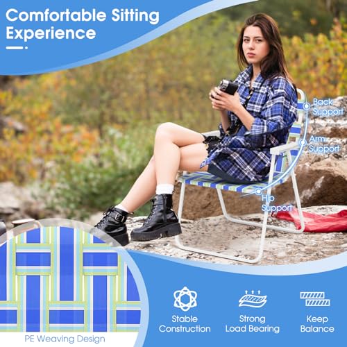 Image of Giantex 4-Pack Beach Chairs for Adults, Camping Chair with Steel Frame, Lightweight Folding Directors Chairs for Outdoor Webbing Patio, Fishing, Yard, Poolside Lawn Chairs Set of 4 (Blue)