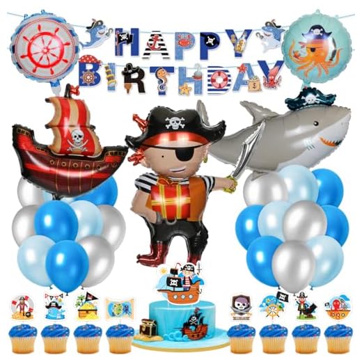 Pirata Decoraciones Cumpleaños, Barco Pirata Tiburón Globos, Pancarta de Feliz Cumpleaños Cake Topper, Globo Animal Redondo, Globo Azul Plata, para Niños Cumpleaños Fiesta Decoraciones