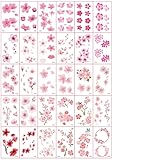 30 Sheet Pink Flower Tattoos Stickers for Girls, Cute Cherry Blossom Floral Sexy Fake Tattoo Decals 3D Waterproof Women's Antique Clavicle Pink Girl Flower Simulation Tattoo Sticker