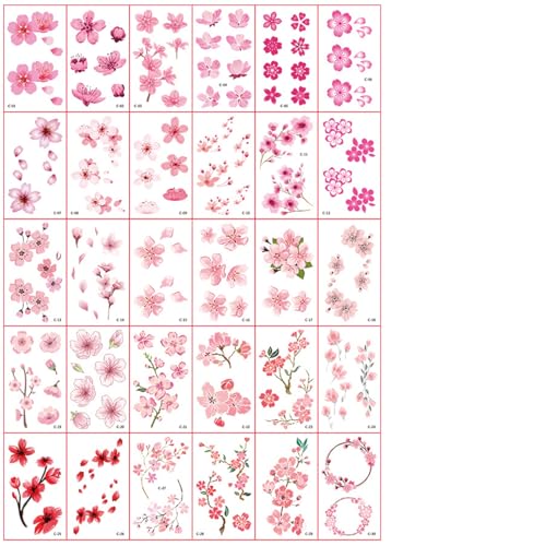 30 Sheet Pink Flower Tattoos Stickers for Girls, Cute Cherry Blossom Floral Sexy Fake Tattoo Decals 3D Waterproof Women's Antique Clavicle Pink Girl Flower Simulation Tattoo Sticker