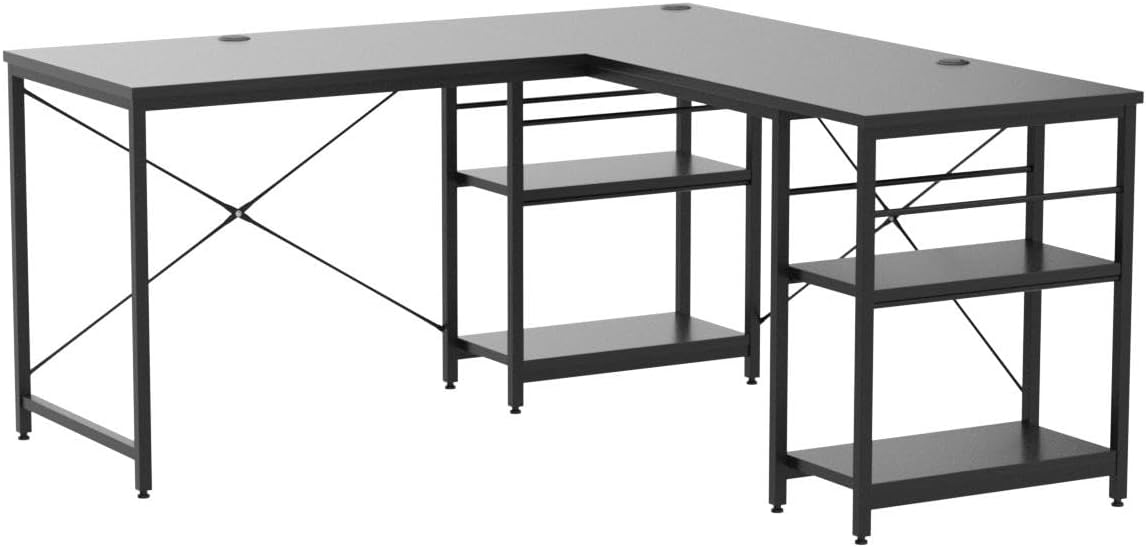 Bestier 95.2” L Shaped Desk, Reversible Corner Computer Desk or 2 Person Long Table with Adjustable Shelves, Large Writing Study Workstation with 3 Cable Holes - Black