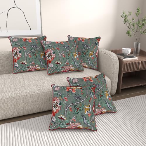 Image of Pure Cotton Quilted Cushion Cover 16x16 Inch | Anokhi Print Decorative Throw Pillow Cover | Soft Cotton Sofa Cushion Cover with Hidden Zipper | Living Room Bedroom Home Decor