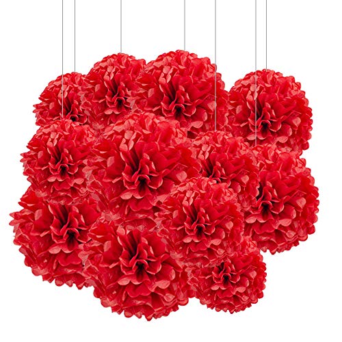 Image of 12pcs Red Paper Pom Poms Decorations for Party Ceiling Wall Hanging Tissue Flowers Decorations - 1 Color of 12 Inch, 10 Inch