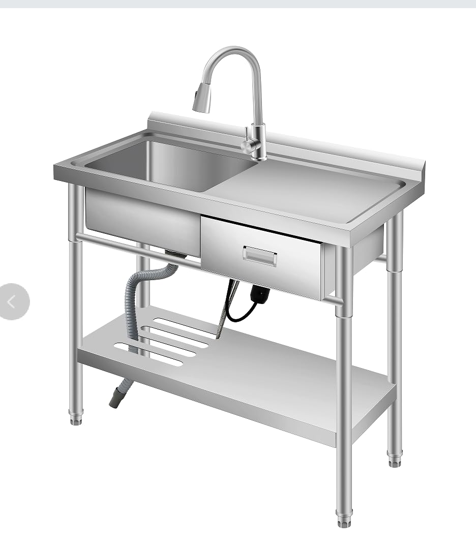 Edelstahl Spültisch Spülbecken Freistehend Mit Arbeitstisch & Schublade, Utility Waschbecken Mit Ausziehbarer Armatur, Warm- & Kaltwasseranschluss, Waschbecken Für Küche, Garage, Werkstatt, Keller
