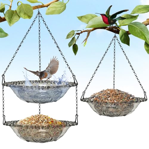 YeahBoom 2 Pièces Mangeoire pour Oiseaux,Mangeoire à Oiseaux à Suspendre à 2 Étages,Rond Mangeoires d'oiseaux,Jardin Wildbird Feeder Plate de Plaque d'oiseau Suspendu,Baignoire d'oiseaux,9 Pouces