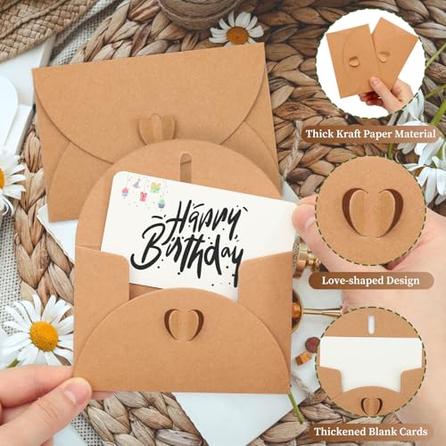 Omtofo 60 Stück Mini Briefumschläge mit 60 Stück Blanko Karten, Klein Briefumschlag mit Herz Verschluss, Kleine Briefumschläge Mini mit Karte für DIY Dankeskarte, Geschenkkarten, Geburtstagskarten