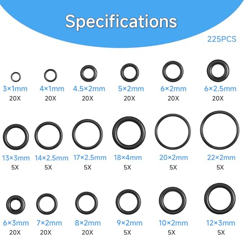 225 Stücke O Ring Sortiment, Ø 3-22 mm – Dichtungsringe Set NBR Gummidichtung, O-Ringe, Dichtungen für Sanitär, Wasserhahn, Dichtringe Gummi, O-Ring Set, Gummiringe verschiedene Größen