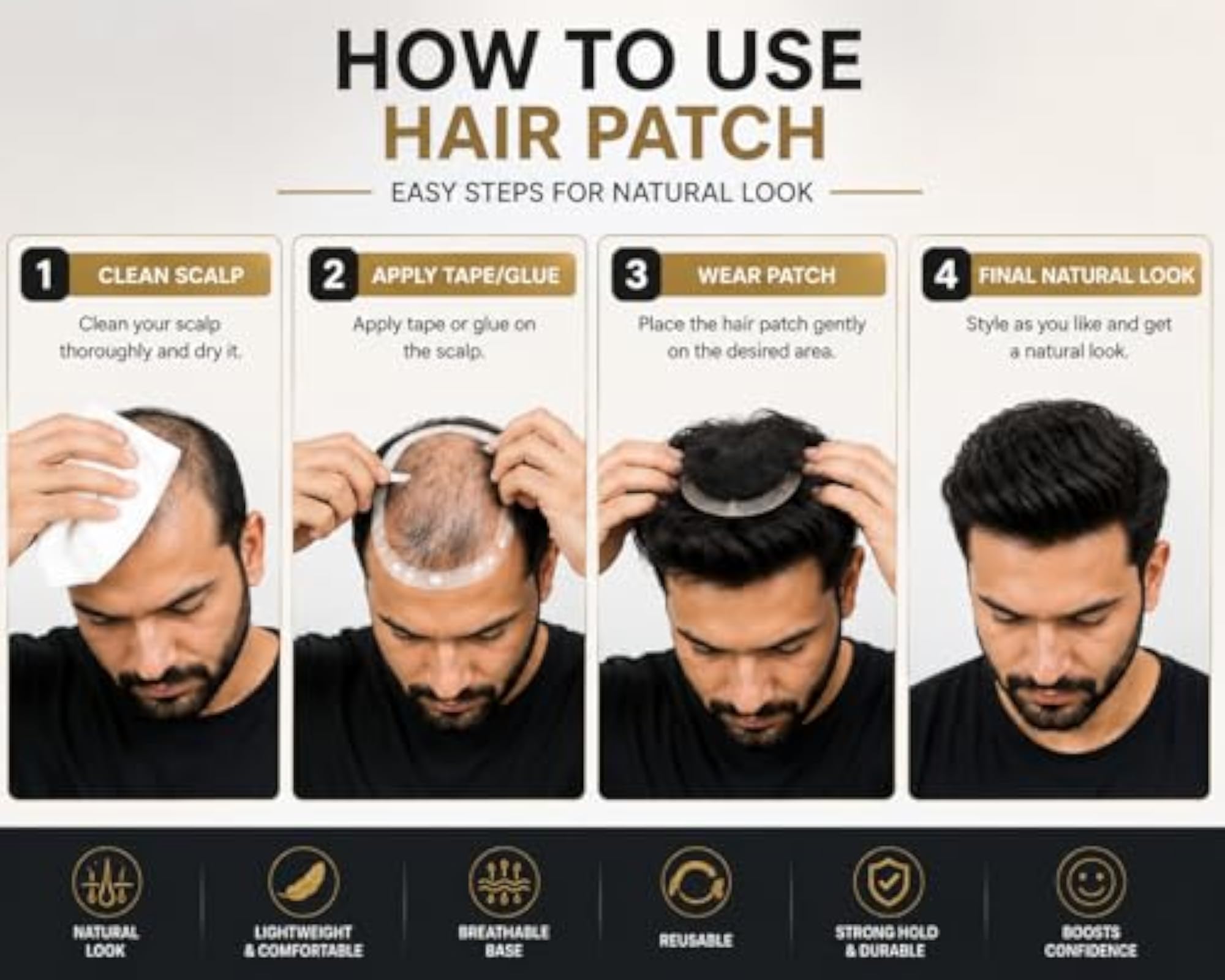Men's 100% Human Hair Toupee, Silk Base Hair Patch
