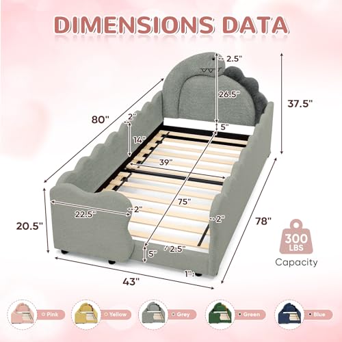 Image of Twin Size Kids Bed with Dinosaur Headboard, Upholstered Boucle Fabric Twin Daybed with Slats Support & Side Pocket, Space-Saving Wooden Corner Sofa Couch Day Bed Frame for Girl, Boy, Teenager(Grey)