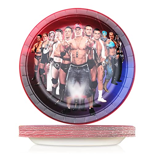 OPhnoeix 24 Pcs We Party Paper Plates, Wrestling Fighting Theme Birthday Party Set, 9
