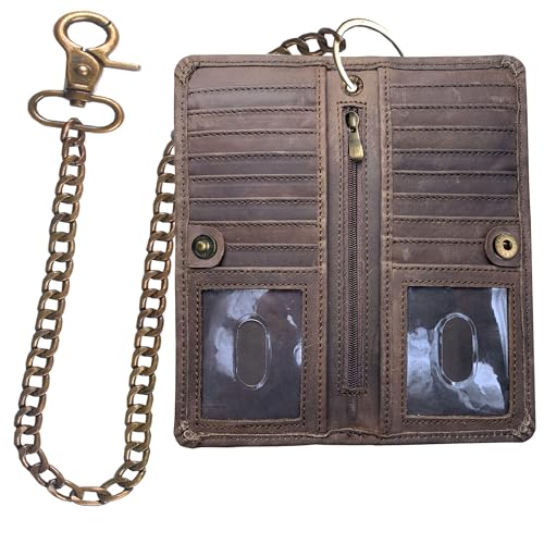 Image of CLASSIC Motorcycle Chain Wallet for Men - Premium Cowhide Leather, RFID Bi-Fold Biker Wallet for Bikers Truckers & Hunters, Credit Card Money Organizer Long Wallet Crazy Horse Brown Vintage Chain
