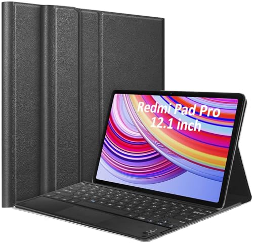 Image of HOM Tri Fold Wireless Bluetooth Keyboard with Trackpad /Touchpad Tablet Cover Case for Redmi Pad Pro 5G Tablet 12.1 inch - Black