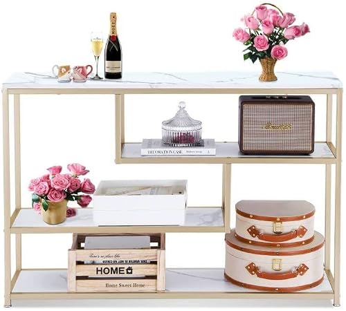 ivinta Console Table with Storage, White Entryway Table with Shelves, Gold Small Table Sofa Tables for Living Room, Hallway,Narrow Accent Table Buffet Table with Faux Marble Veneer