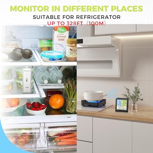 HODIK Thermomètre réfrigérateur avec réfrigérateur d'alarme, 100M Thermomètre numérique sans fil avec 3 Backlight réglable pour cuisine Home Restaurant Noir