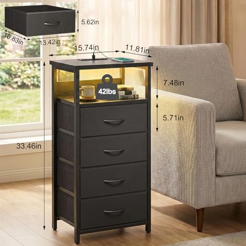 Image of Fixwal Night Stand with 4 Fabric Storage Drawers, Tall Nightstand Bedside Table with Charging Station & Led Lights, Fabric Dresser for Bedroom, Black