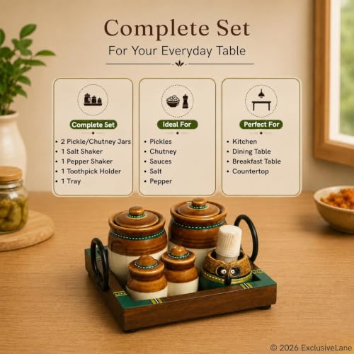 Image of ExclusiveLane 'Old Martaban' Ceramic Pickle Jars for Dining Table with Salt & Pepper Shaker & Tray & Toothpick Holder (Non Air-Tight, Jars & Salt Pepper Shaker : 120 & 20 gram) | Jar for Pickle Jar
