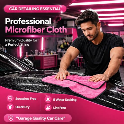 Image of Towel for Car Cleaning 400 GSM (Pack of 1 /Pink)- Micro Fiber Cleaning Towel, Cloth for Dusting Washing & Mirror Glass Cleaning, Microfibre Cloth for Drying & for Car Detailing