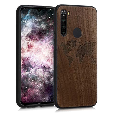kwmobile Funda Compatible con Xiaomi Redmi Note 8 - Funda de Madera de Nogal Mapa del Mundo marrón Oscuro