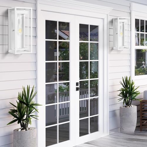 Image of 19 Inch White Outdoor Wall Light Fixtures, 2 Pack Porch Lights | Large Size, Anti-Rust, Waterproof, Tempered Glass, Easy Installation, Exterior Wall Sconces for House Entryway Garage