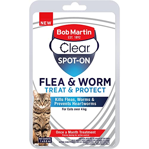 Bob Martin Spot-On Flea & Worm Treatment for Cats Over 4KG - Monthly Flea, Worm & Heartworm Prevention. Fast-Acting, Easy Flea Treatment Application for Cats.1 x 0.8ml Pipette