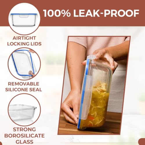 Image of Razab 6.5 Cups / 52 Oz 4 Piece (2 Containers + 2 Lids) Glass Food Storage Containers Set with Airtight Locking Lids - For Storing, Baking & Serving BPA Free, Leakproof - Microwave, Freezer & Oven Safe