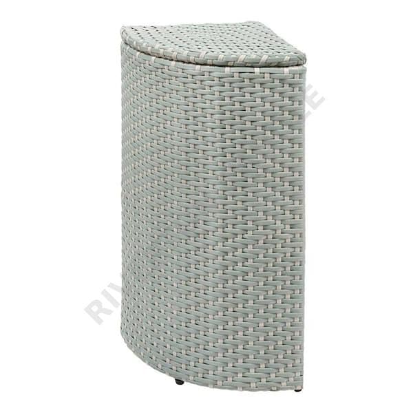 RIVERTON CANDLE & BATH for 15.56 Gal. All-Weather Wicker/Metal Corner Lid Hideaway Outdoor Trash Can, Mint Blue/White