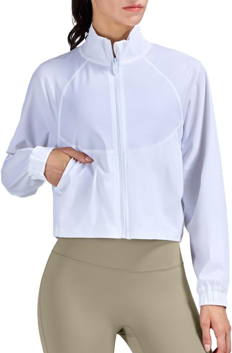 Women's Cropped Lightweight Running Track Jackets ZIP UP UPF 50+ Long Sleeve Sun Protection Athletic Tops