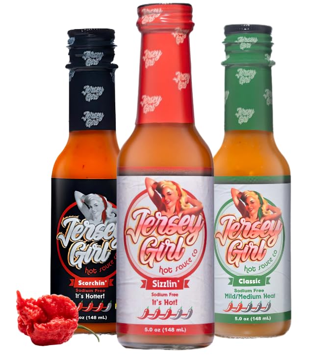 Jersey Girl Hot Sauce 5oz (Variety Pack 3, Classic Habanero, Sizzlin Ghost Pepper & Scorchin' Carolina Reaper) Sodium Free Hot Sauce Set