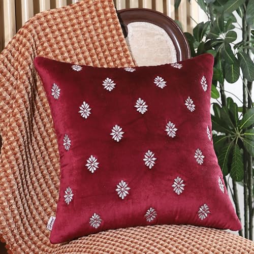 Image of Home- The Best is for You Quilted 18x18 Inch Burgundy Velvet Cushion Cover Pack of 2