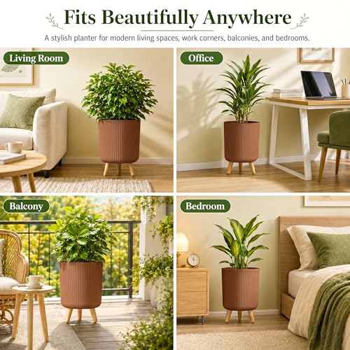 Image of Eightiz Store Modern Wood Brown Flower Pot with Plastic Legs | Indoor Outdoor Planter for Home Garden Balcony Decor Ribbed Design Sturdy Plastic Mid-Century Style (Wood Brown, Pack of 2)