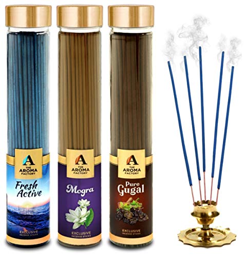 Image of The Aroma Factory Fresh Active,Gugal & Mogra Agarbatti for Pooja,Luxury Incense Sticks,100% Herbal Fragrance Agarbathi, 0% Surphates (Bottle Pack of 3x100g)
