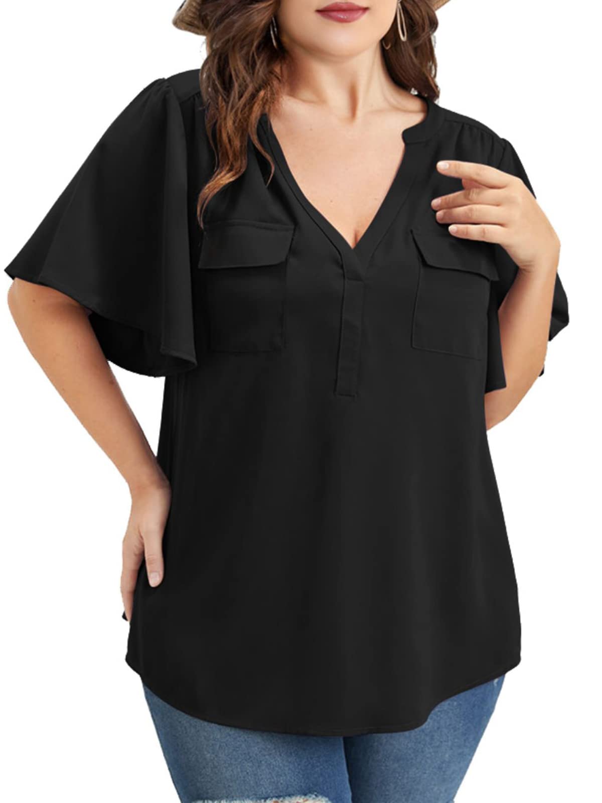 CorfruteWomen Plus Size Tops V Neck Button Up Tunic Tops Casual Long Roll Tab Sleeves Blouses Shirts with Pockets