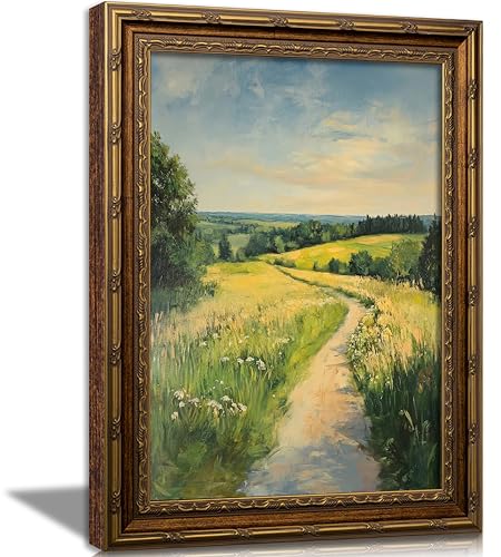 Vintage Carved Gold Frame Canvas Wall Art 3D Textured Country Farmhouse Style Painting Picture Wall Decor Field Grassland Plants Poster Print Artwork for Living Room Bedroom Home Decoration