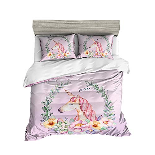 Sticker Superb Cama Matrimonial Funda Nórdica Unicornio, Unicornio Estampado de Flores de la Rama de Olivo Blanco Rosa Negro Adecuado para 135/150 Camas (Rosa, 220_x_240_cm )