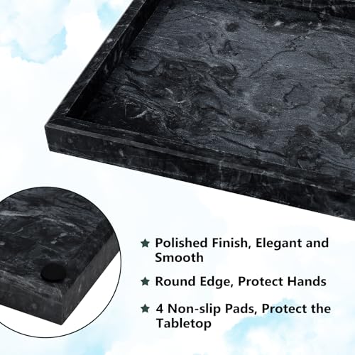 Image of Real Natural Marble Tray for Bathroom, Vanity, Kitchen and Desktop, Rectangle Genuine Marble Stone Tray for Jewelry, Cosmetics, Candles, Lotion, Perfume and Home Decor Black