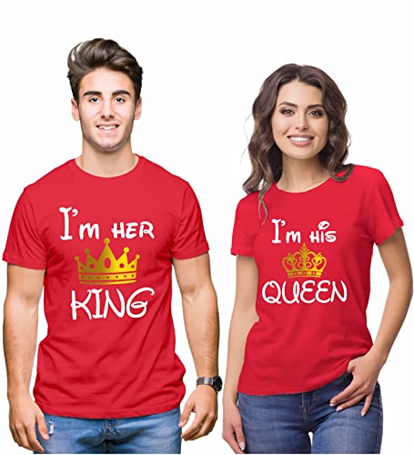 Image of Hangout Hub Hangout-Hub850$P Couple T Shirts for Couples | Printed I Am Her King His Queen T-Shirt for Men Women Couples (Set of 2 | Regulat Fit | Cotton)
