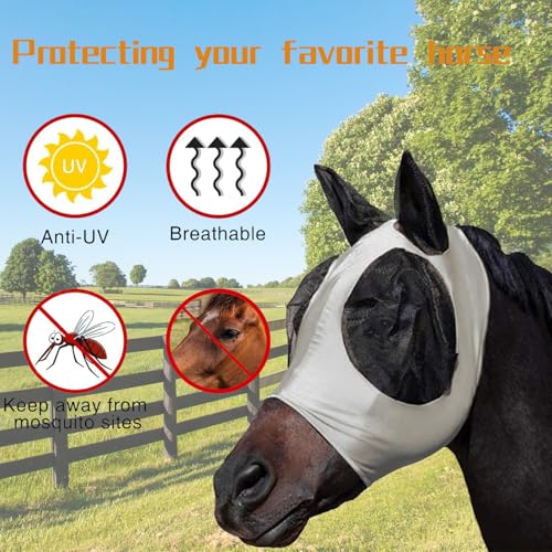Máscara de mosca elástica para cavalos com orelhas, proteção UV ajustável, material respirável (cinz