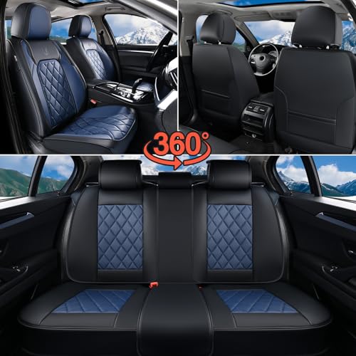 Image of Coverado Leather Seat Covers, Car Seat Covers Full Set, Waterproof Faux Leather Black and Blue Seat Covers, Car Seat Protectors 5 Seats, Automotive Seat Covers Universal Fit for Most Cars SUV Trucks