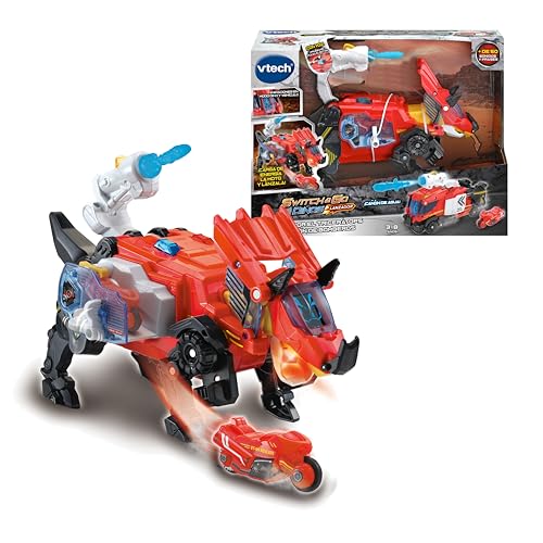VTech - Switch&Go Dinos, Salvador tricerátops camión de Bomberos, Incluye Moto de Rescate, Cañón de Agua, Juguete transformable 2en1 Dino-Car, para niños +3 años, Exclusivo en Amazon, Versión ESP