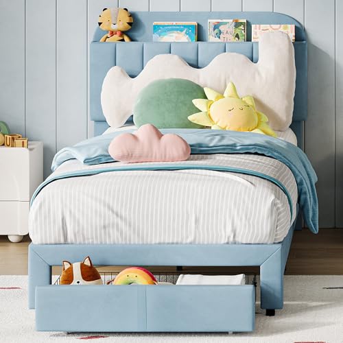 GarveeHome Twin Bed Frame with Drawer, Boys Bed, Velvet Upholstered Platform BedFrame with Storage Headboard for Kids, No Box Spring Needed, Easy Assembly, Noise-Free, Light Blue