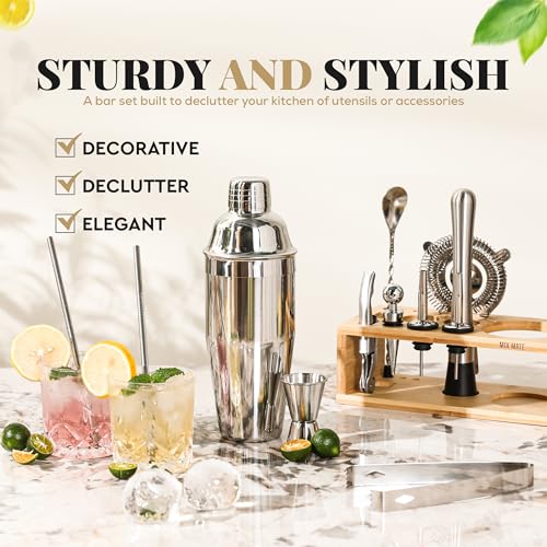 Image of Mixology Bartender Kit with Stand - 15 Piece Bar Tool Set, Silver Bar Set Cocktail Shaker Set for Drink Mixing - Includes Martini Shaker, Jigger, Strainer, Bar Mixer Spoon, Tongs | Gift Idea (Natural)