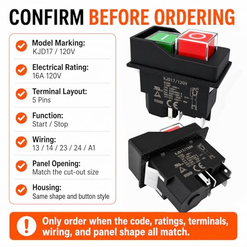 Image of KJD17 /120V Switch 120V 16A 5-Pin (1-Pack) No-Volt Release Electromagnetic Push Button Switch, 46 x 22 mm Cutout, for Concrete Mixer Table Saw Power Tool