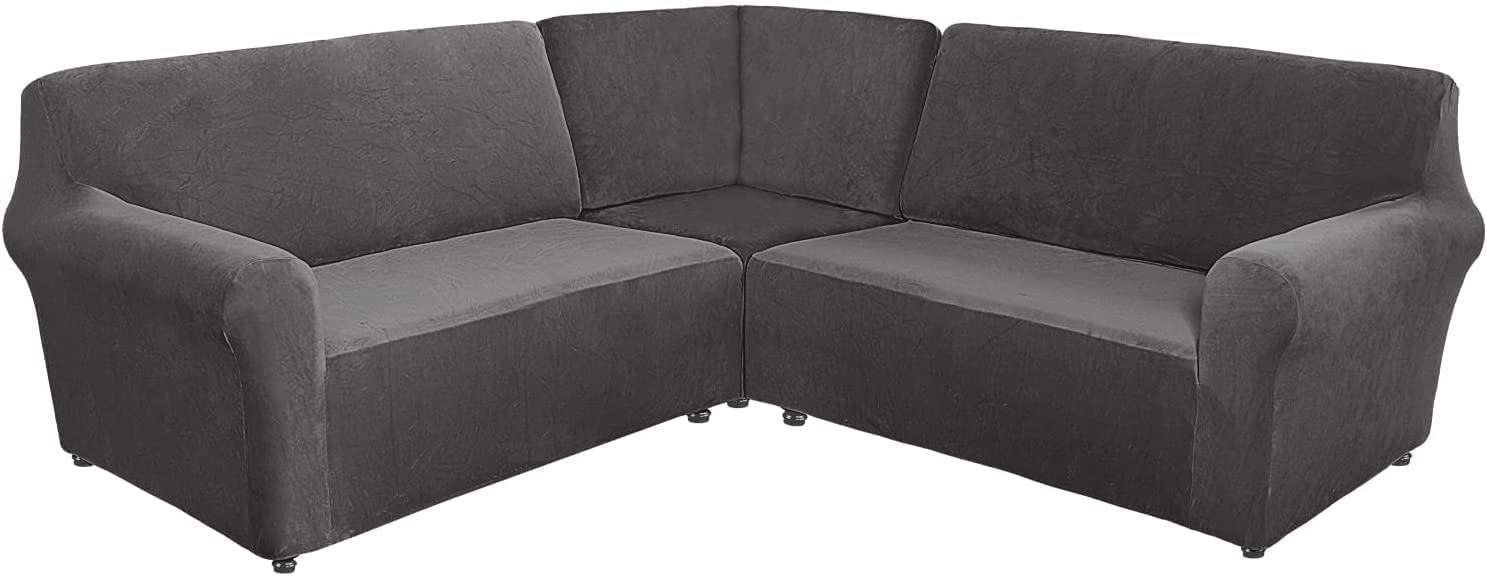 Velvet L Shape Sofa Covers High Stretch Sectional Couch Cover Corner Sofa Slipcover Non-Slip Soft Plush Furniture Protector for Kids and Pets (Color : Gray, Size : L Shape 5-Seater)