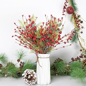 6Pack Christmas Floral Picks Artificial Red Berry Stems 17inch Christmas Berry Picks with Holly Berries for Xmas Winter Holiday Home DIY Ornaments