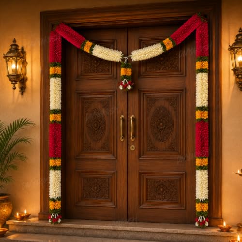 Image of Divyakosh Toran Set (with Side Hanging), Toran for Main Door Entrance, Fabric, Handmade, Dark Pink & White Floral Banderwal, Big Size, Width 3.5 FT & Height 4 FT