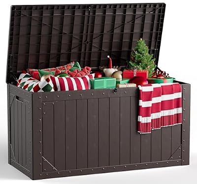 MAKE CHANGES Outdoor Storage Box, 98 Gallon Deck Box, Outdoor Storage Bench, Waterproof Resin Storage Bench with Lockable Lid, Patio Furniture Cushions & Garden Tools Storage, UV Resistant (Brown)