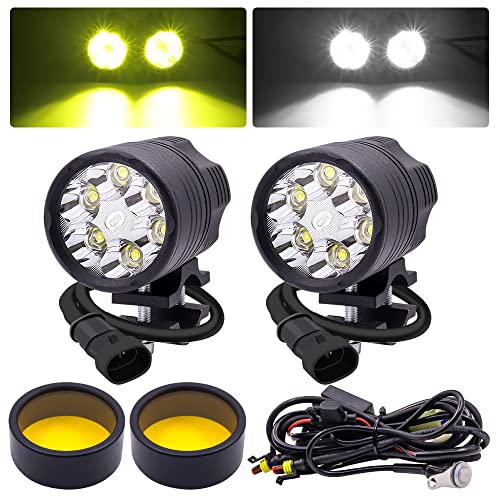 Biqing 2PCS Kit Fari Supplementari per Moto+Cablaggio Interruttore+Lenti Ambra,6x10W Fari Moto Faretto Anteriore 12V/24V Fendinebbia Motos LED Universale Impermeabile 3 Modalità