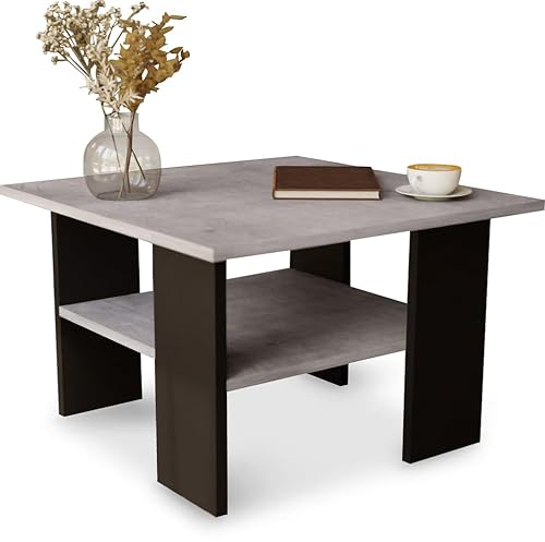 MeblePitus Couchtisch ST1 Beton/Schwarz – Moderner Wohnzimmertisch 60x60x45 cm – Quadratisch, stabil & praktisch mit Ablage – Kompakter Sofatisch in Betonoptik, robust & pflegeleicht