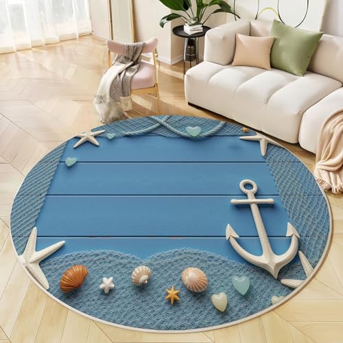 Tapis de chambre rond bleu marine antidérapant style mer - 2