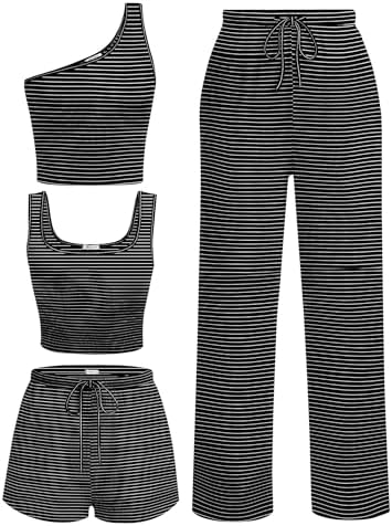 Ekouaer Womens 4 Piece Lounge Sets Ribbed Knit Crop Tank Top and ...